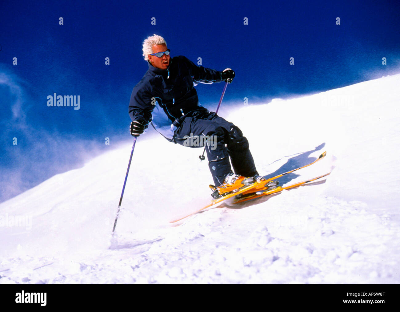 Skiing balance and downhill action in Tignes, France Stock Photo