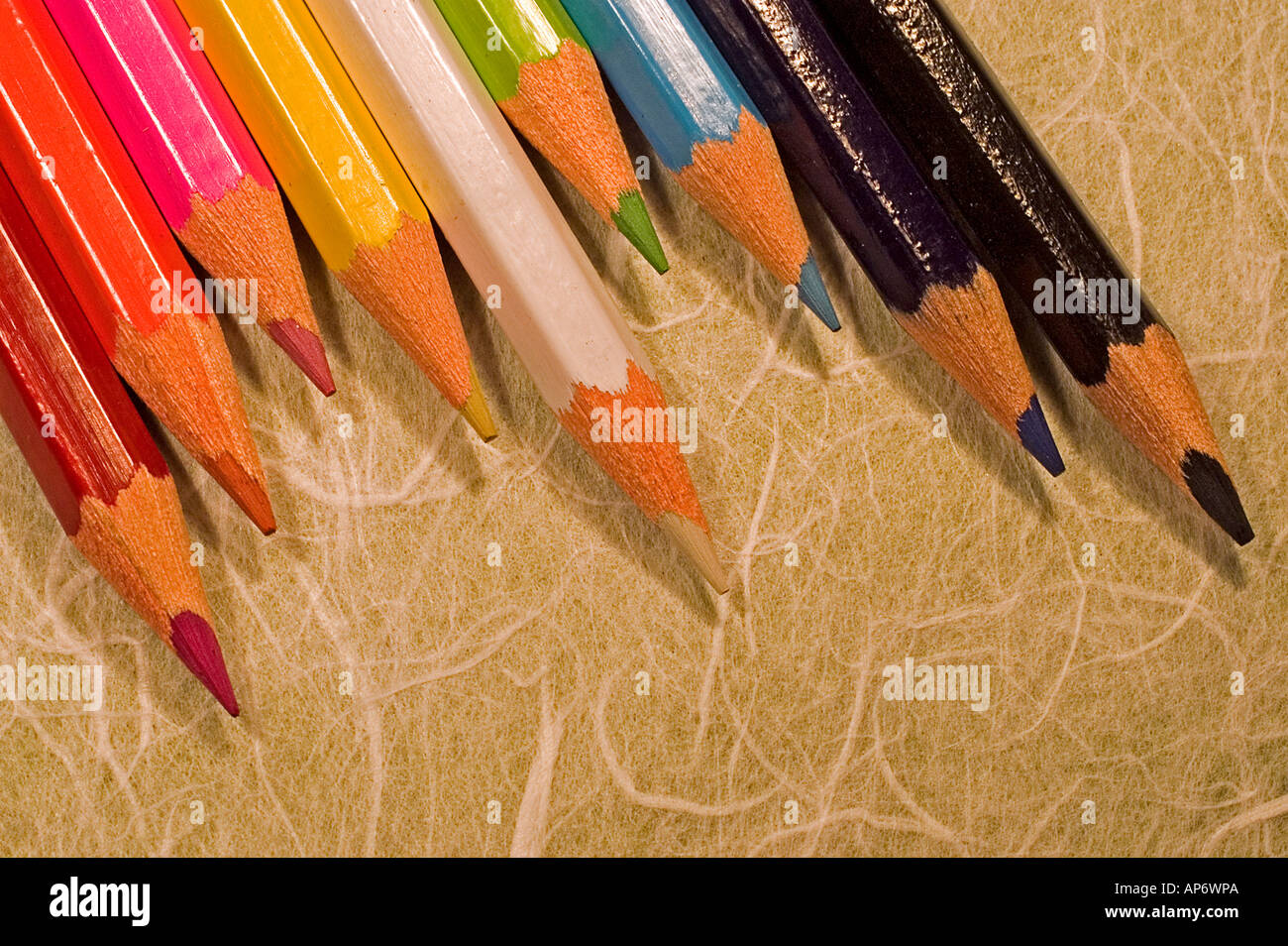 Sharpened coloured pencil crayons Stock Photo