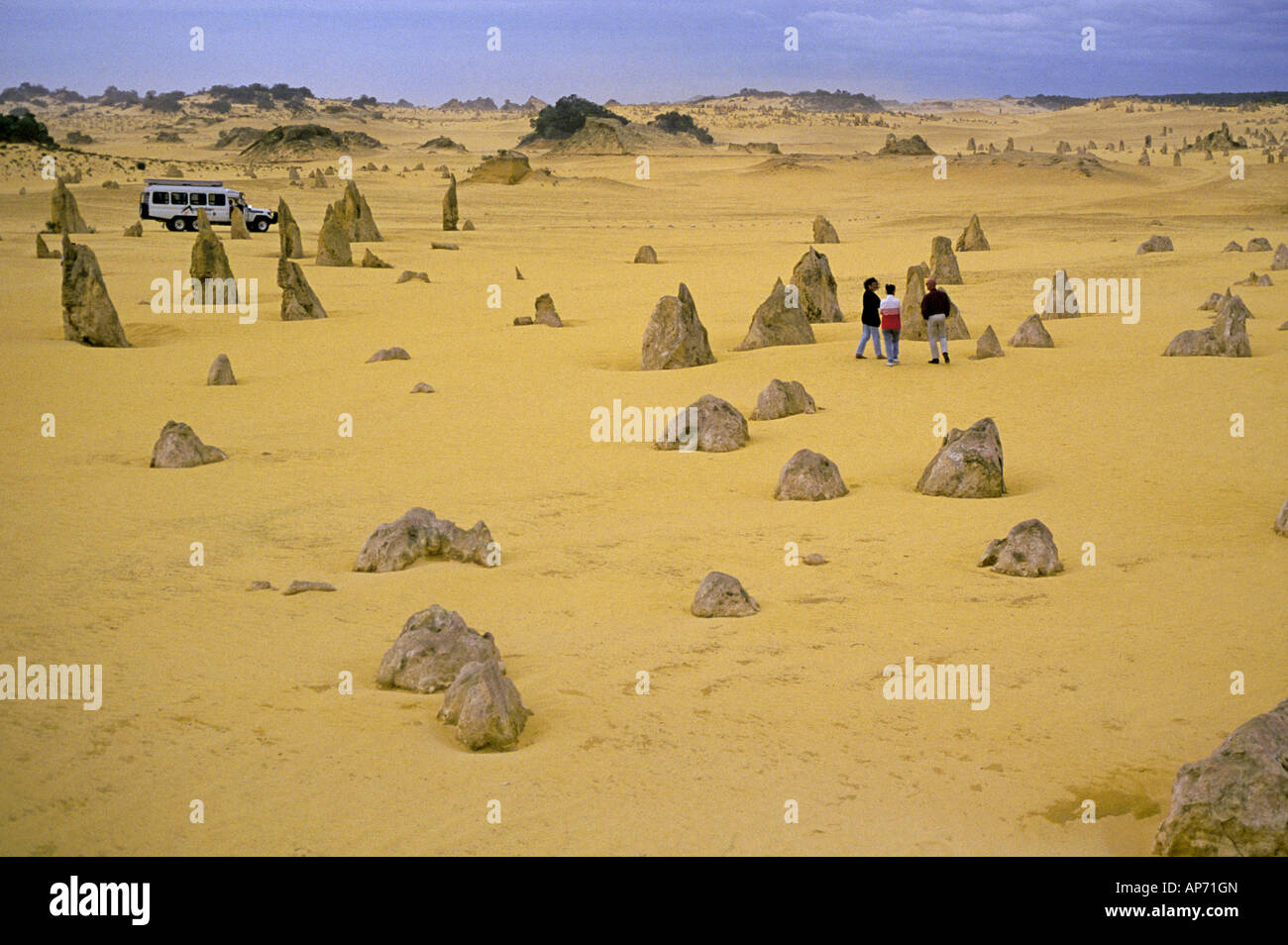 A group of visitors in The Pinnacles Desert which is contained within Nambung National Park near the town of Cervantes Stock Photo