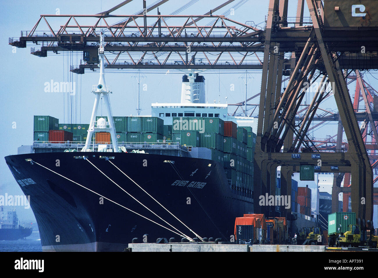 Cargo container ship tied off in Singapore Harbor Stock Photo Alamy