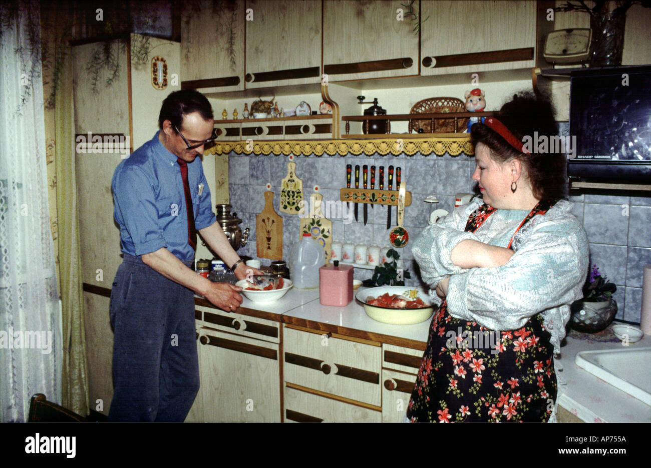 Russian couple in kitchen Stock Photo