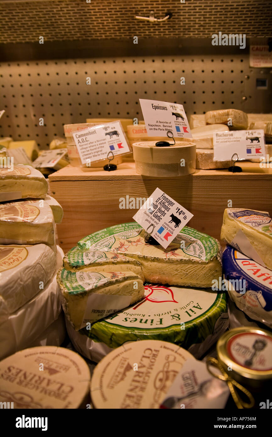 Display of French Cheeses in a specialty supermarket in the United