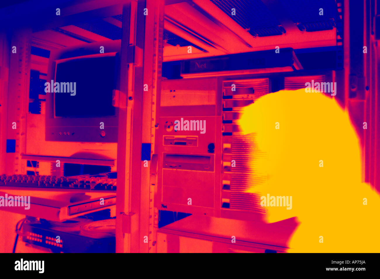 male computer operator checking mathematical algorithms on large ...