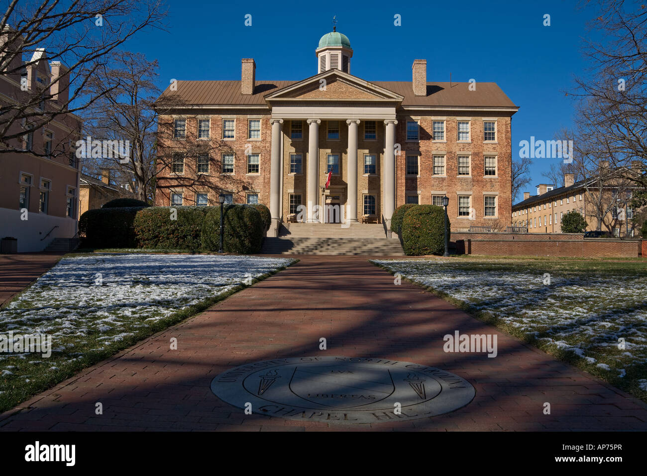 South Building of the University of North Carolina in Chapel Hill UNC with the schools emblem in the foreground Stock Photo