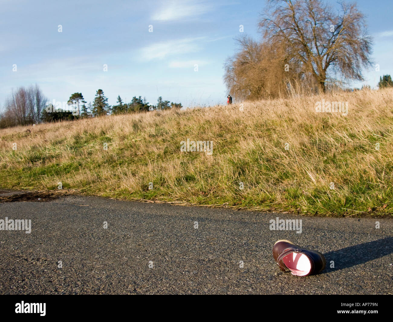 Toddlers single shoe lays on asphalt path Discovery Park Seattle Washington Stock Photo