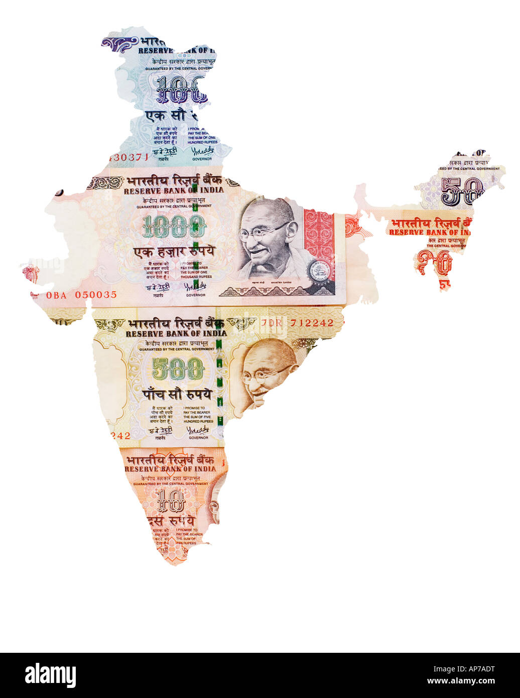 indian rupee notes in the map of india Stock Photo