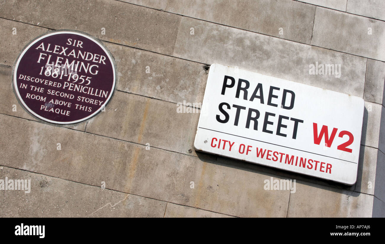 Plaque commerating Sir Alexander Flemming discovering penicillin and Praed Street road sign Stock Photo