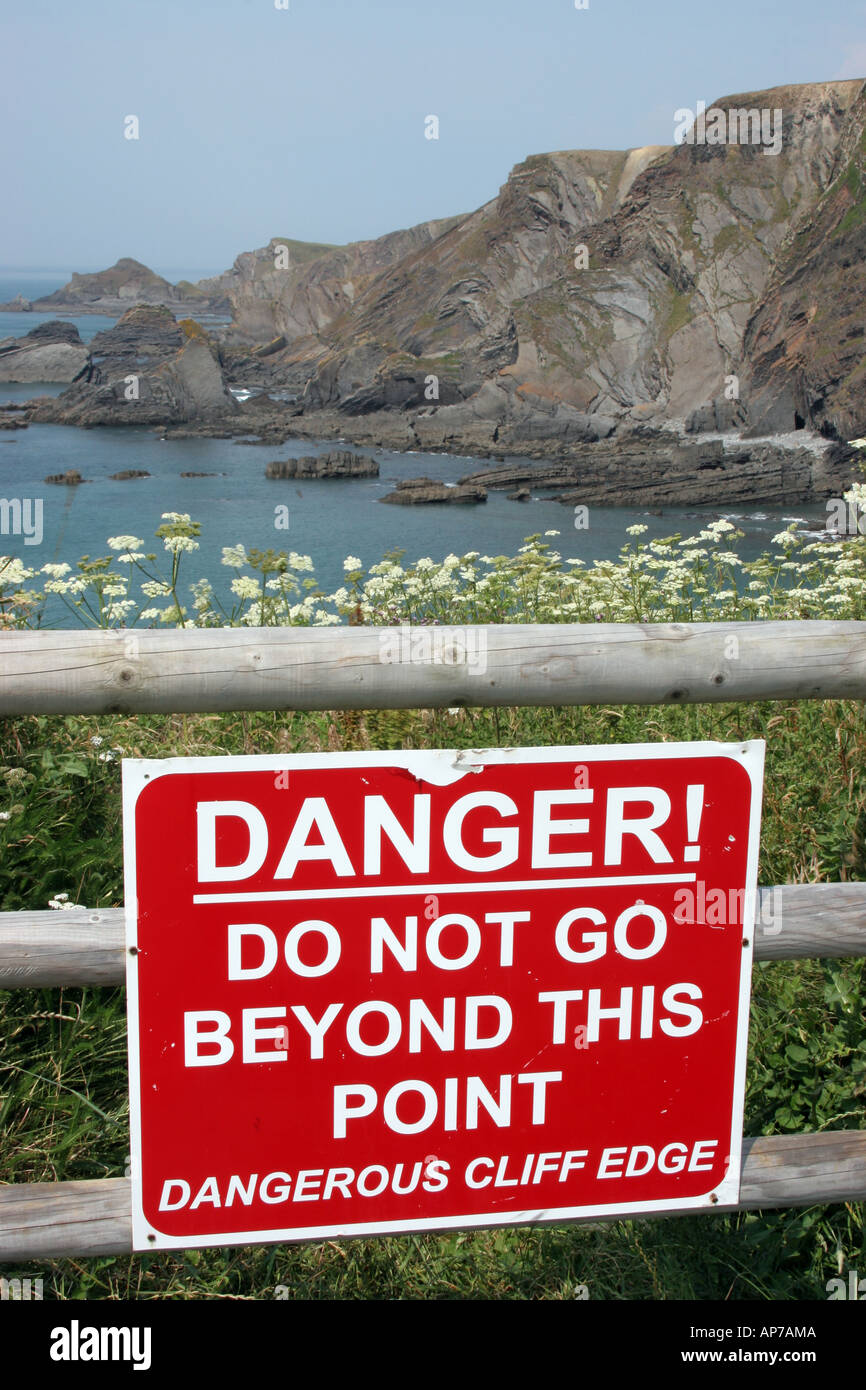 North Devon Sign Danger sign at Hartland Quay in North Devon Stock Photo - Alamy