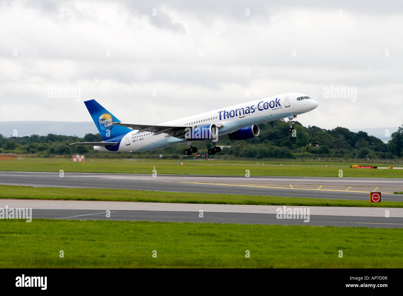Thomas Cook aircraft taking off from Manchester Airport Stock Photo