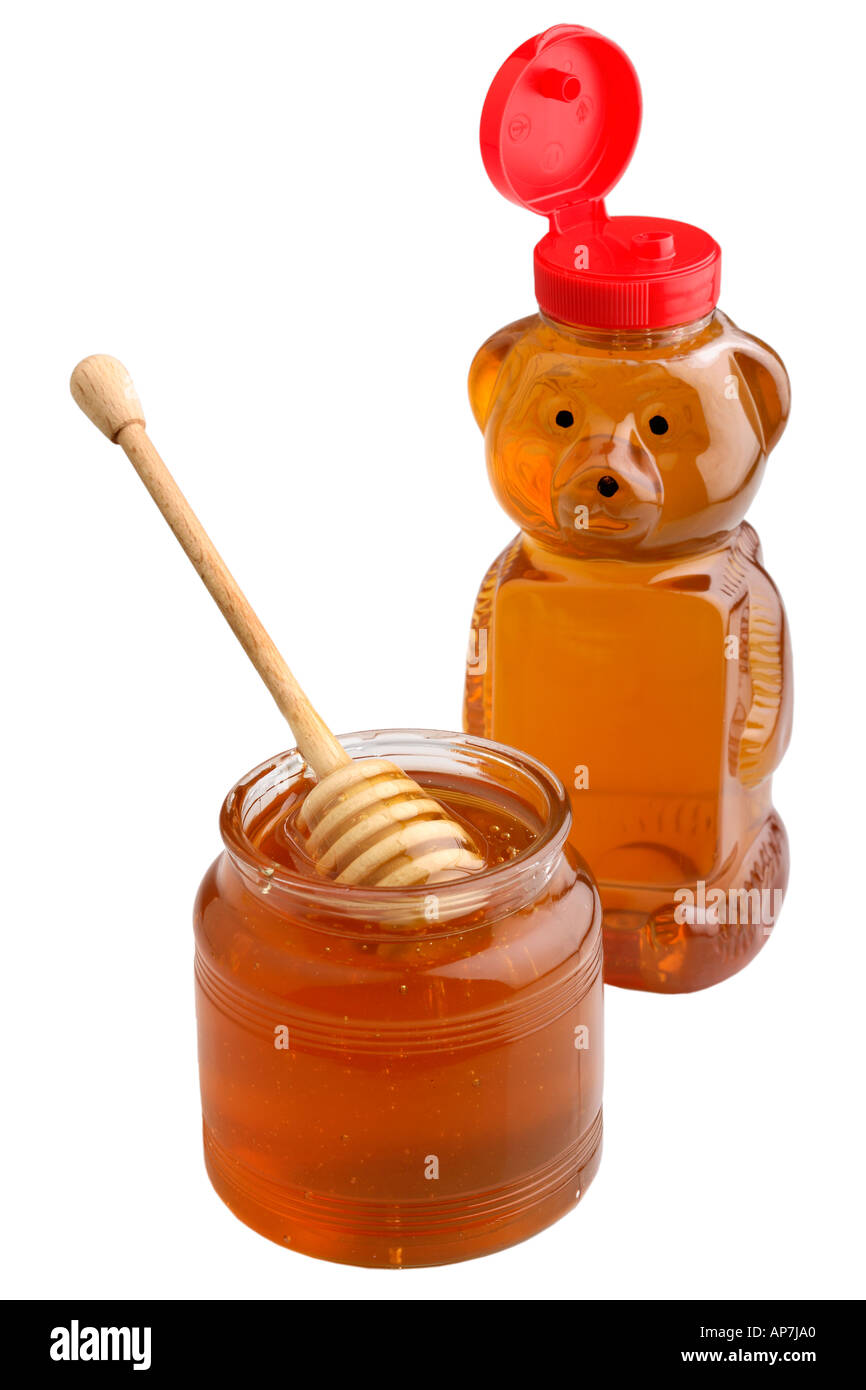 honey pot and honey bear bottle Stock Photo