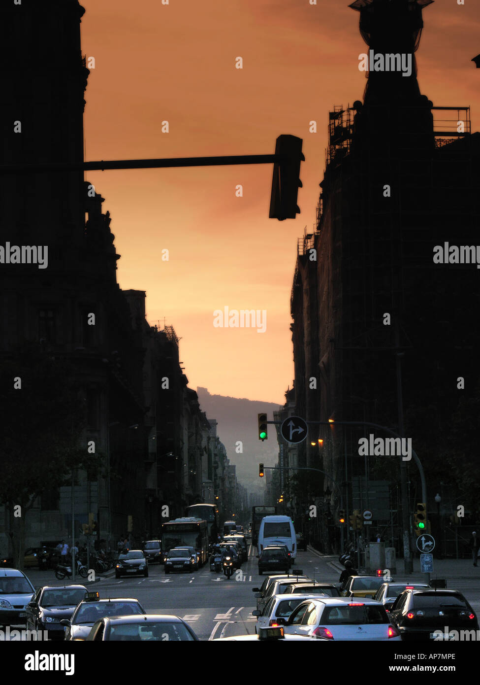 Barcelona traffic at dusk Stock Photo