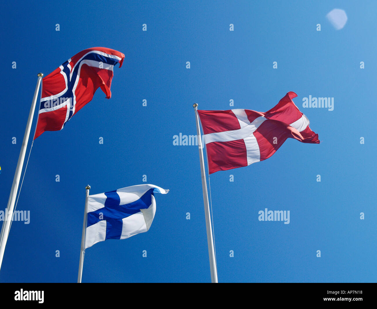 flags of the nordic countries, Norway, Denmark, Finland Stock Photo