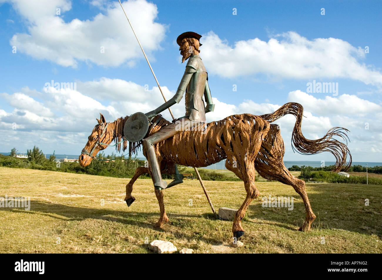 A humorous metal sculpture of the fictional hero Don Quixote on