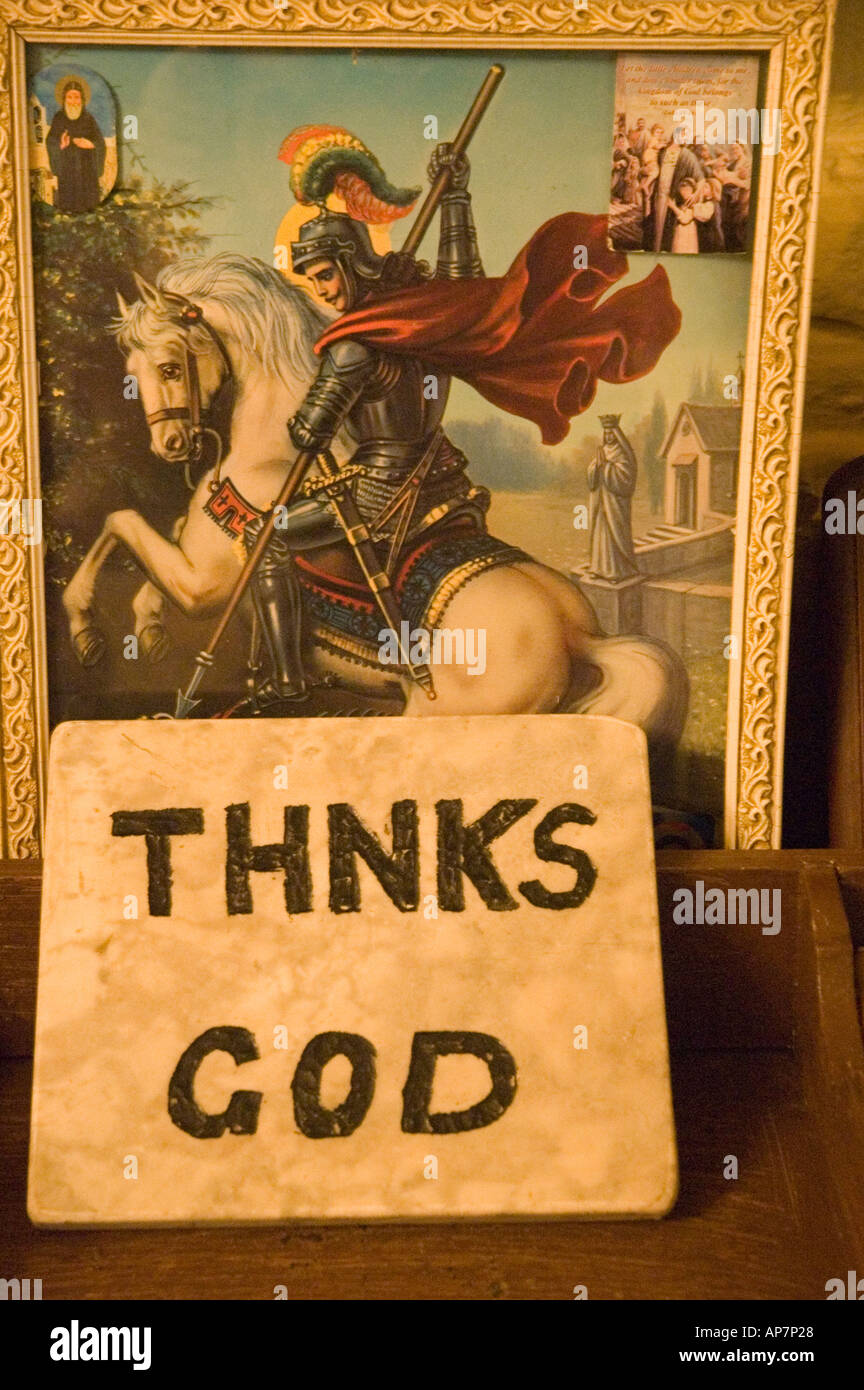 Funny spelling of Thanks God sign, Saint George Church, Coptic Cairo, Egypt, Middle East. DSC 4633 Stock Photo
