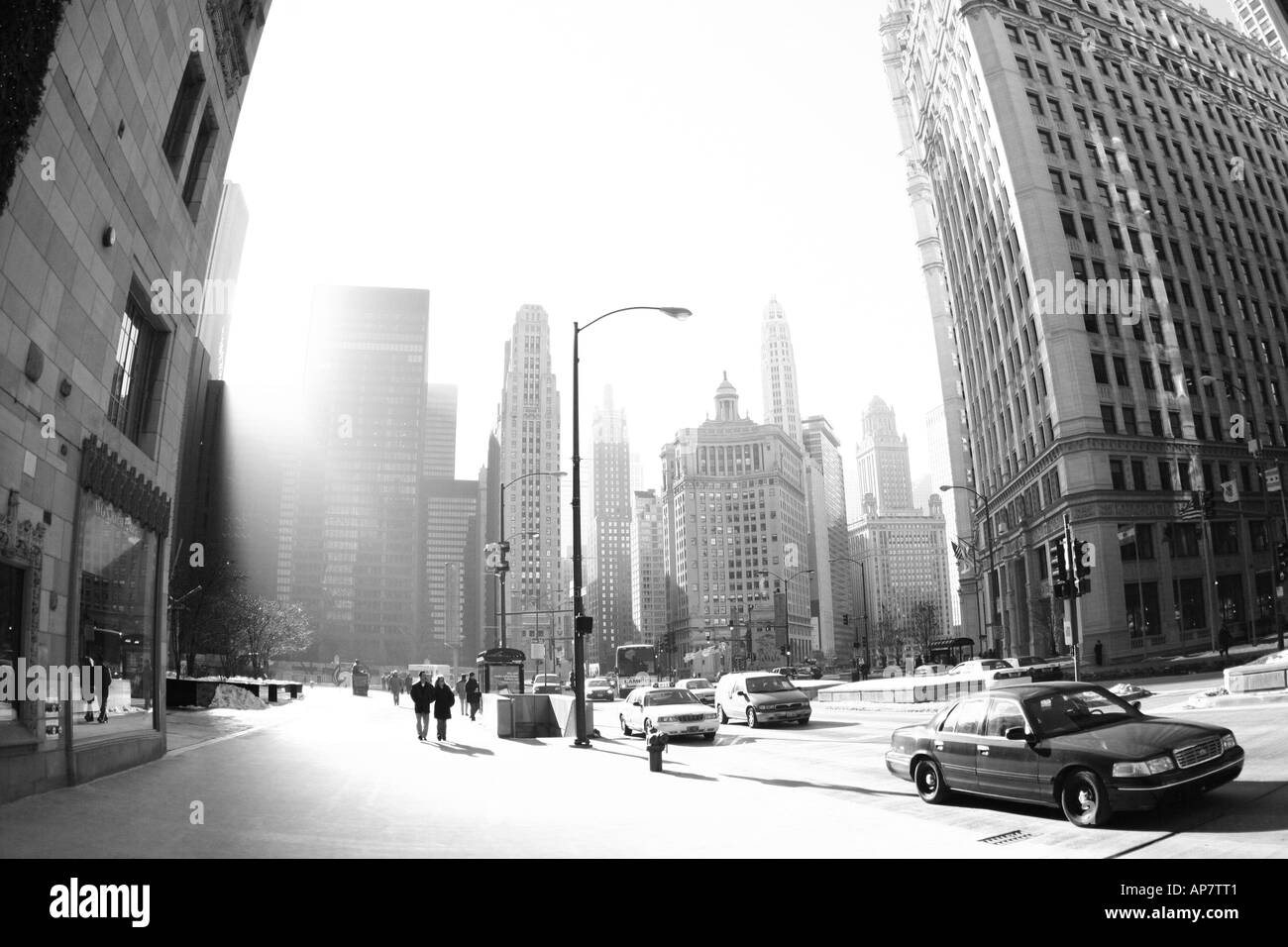 blinding winter morning sun on michigan avenue chicago downtown p