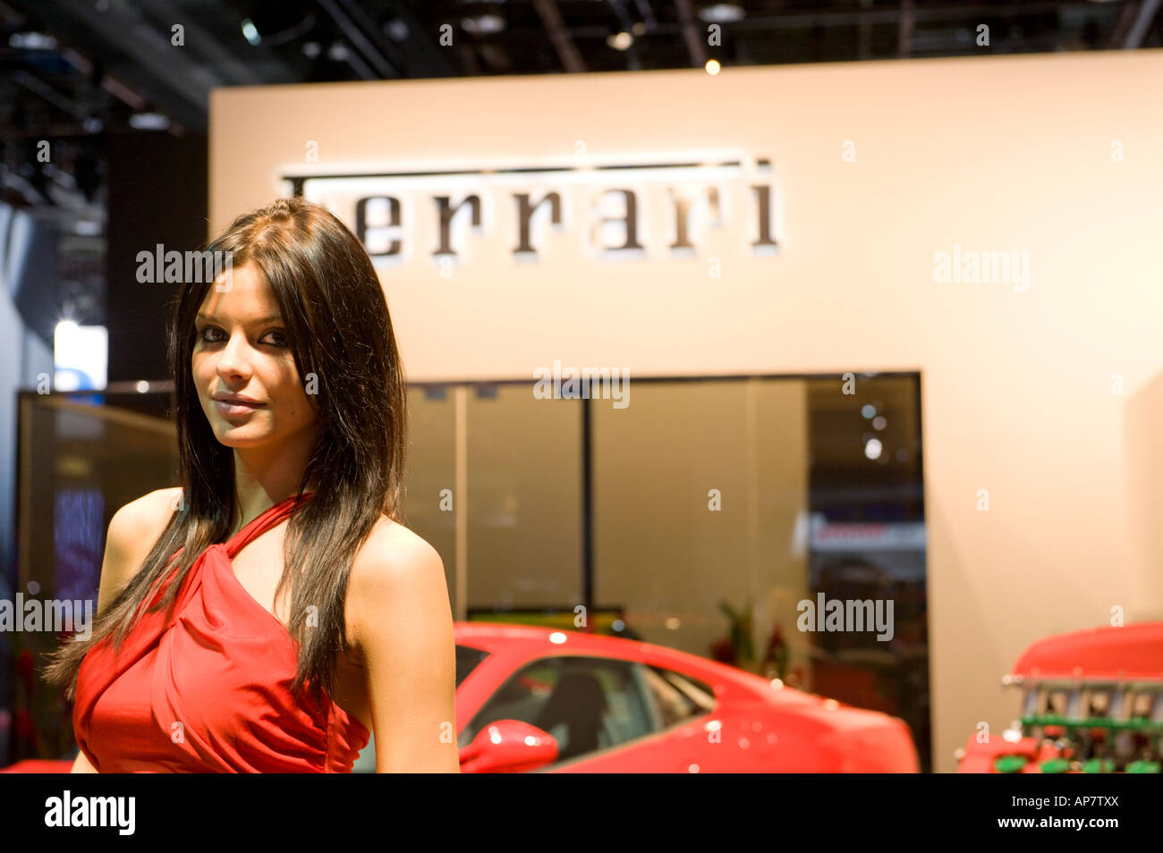 Model at the Ferrari display at the 2008 North American International Auto Show in Detroit Michigan USA Stock Photo