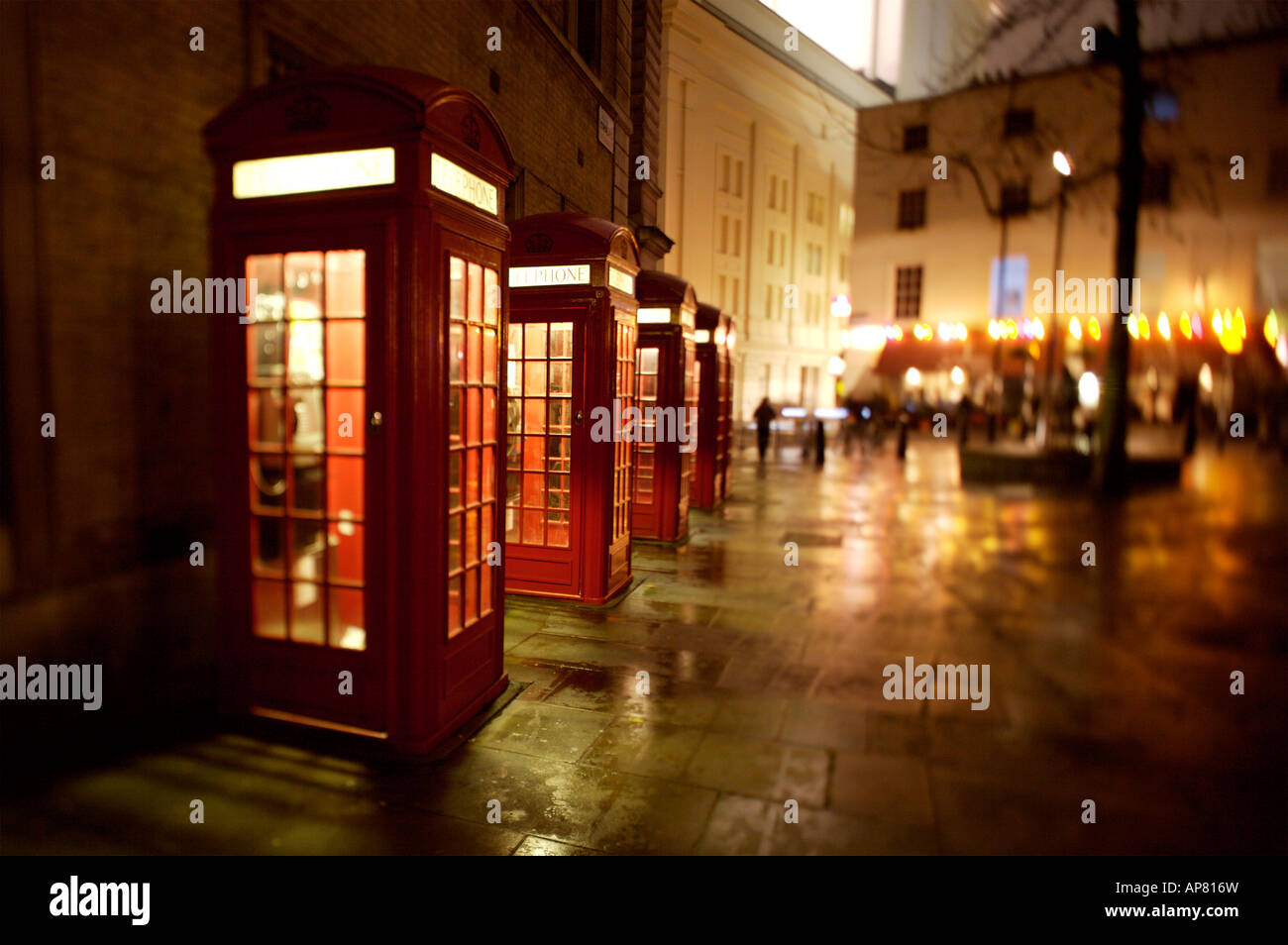 A row of British Telephone Boxes in Covent Garden, London Stock Photo