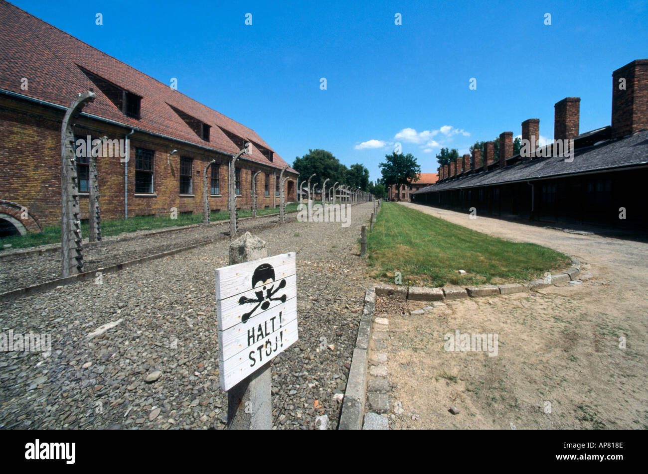 Warning sign board at auschwitz concentration camp, Poland Stock Photo