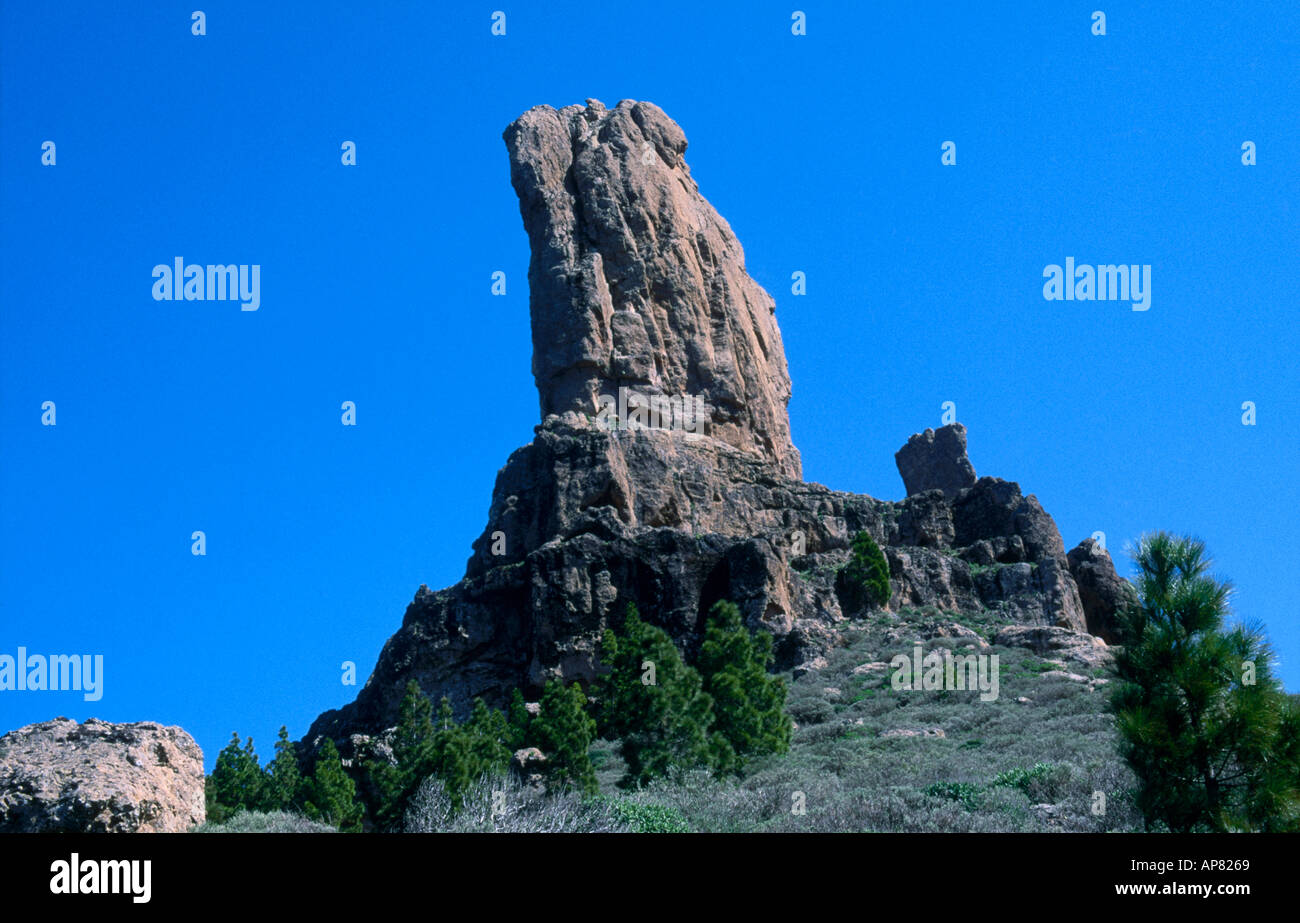 Low angle view of rock formation, Roque Nublo, Gran Canaria, Canary Islands, Spain Stock Photo