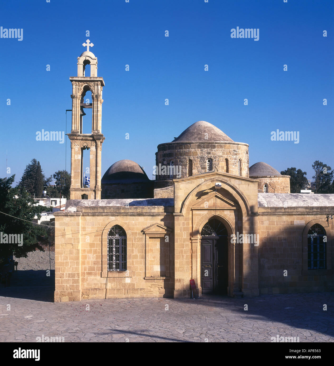 Church against blue sky, St. Barnabas and Hilarion Church, Peristerona, Cyprus Stock Photo