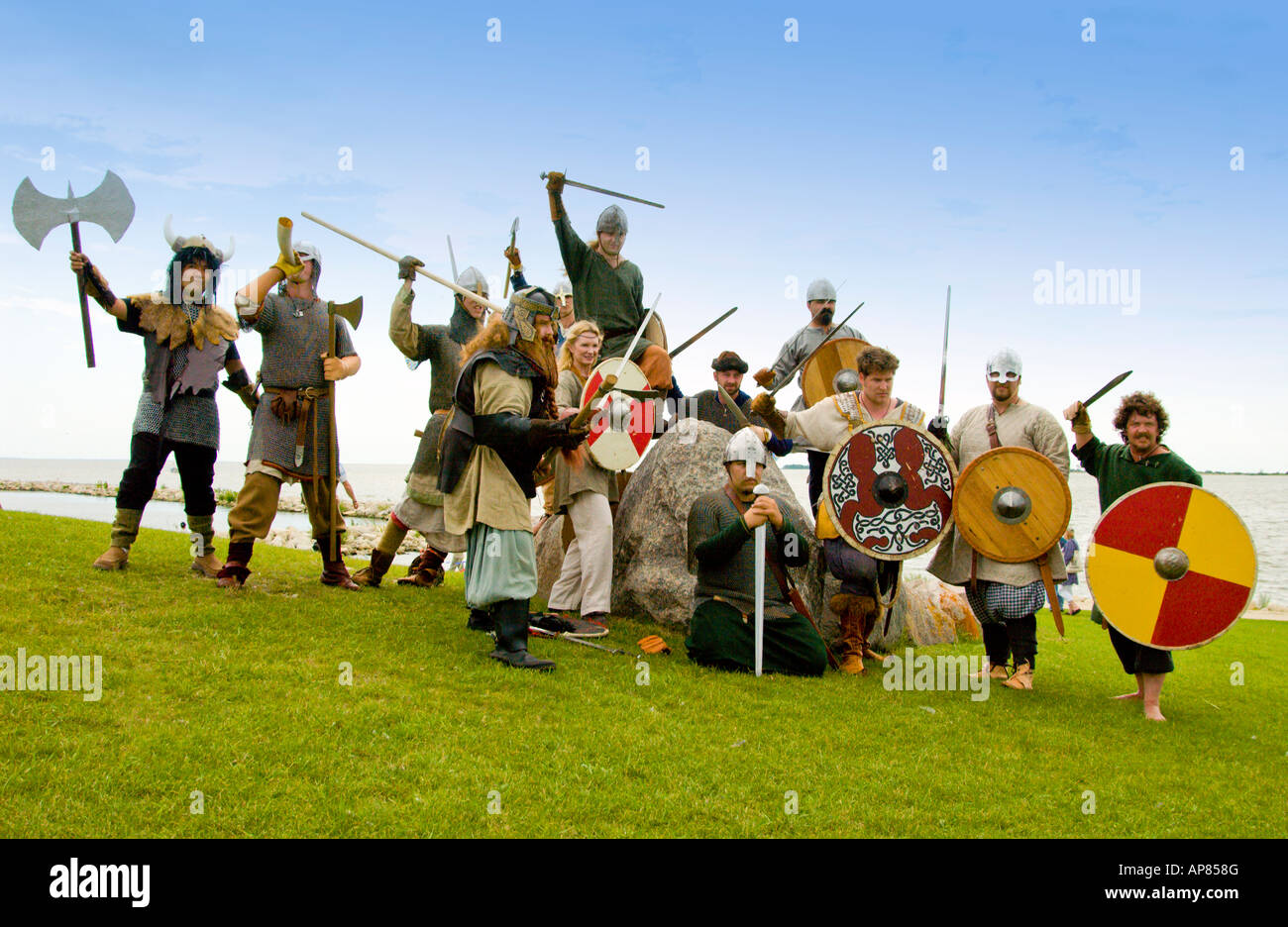 A group picture of a reinactment of an Icelandic Viking battle in traditional dress in Gimli, Manitoba, Canada. Stock Photo