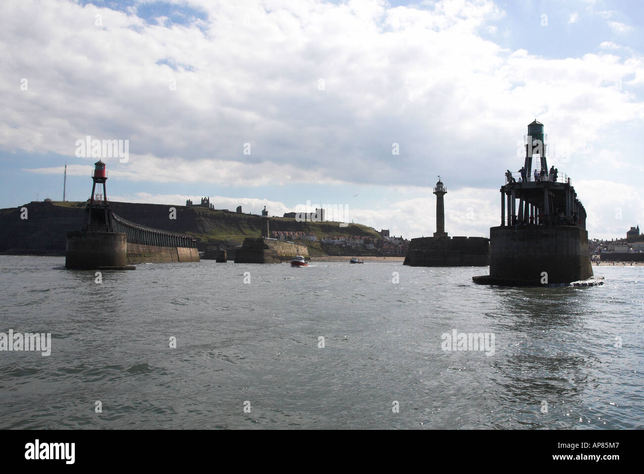 Entrance to Whitby Harbour, North Yorkshire. Viewed from a boat Stock