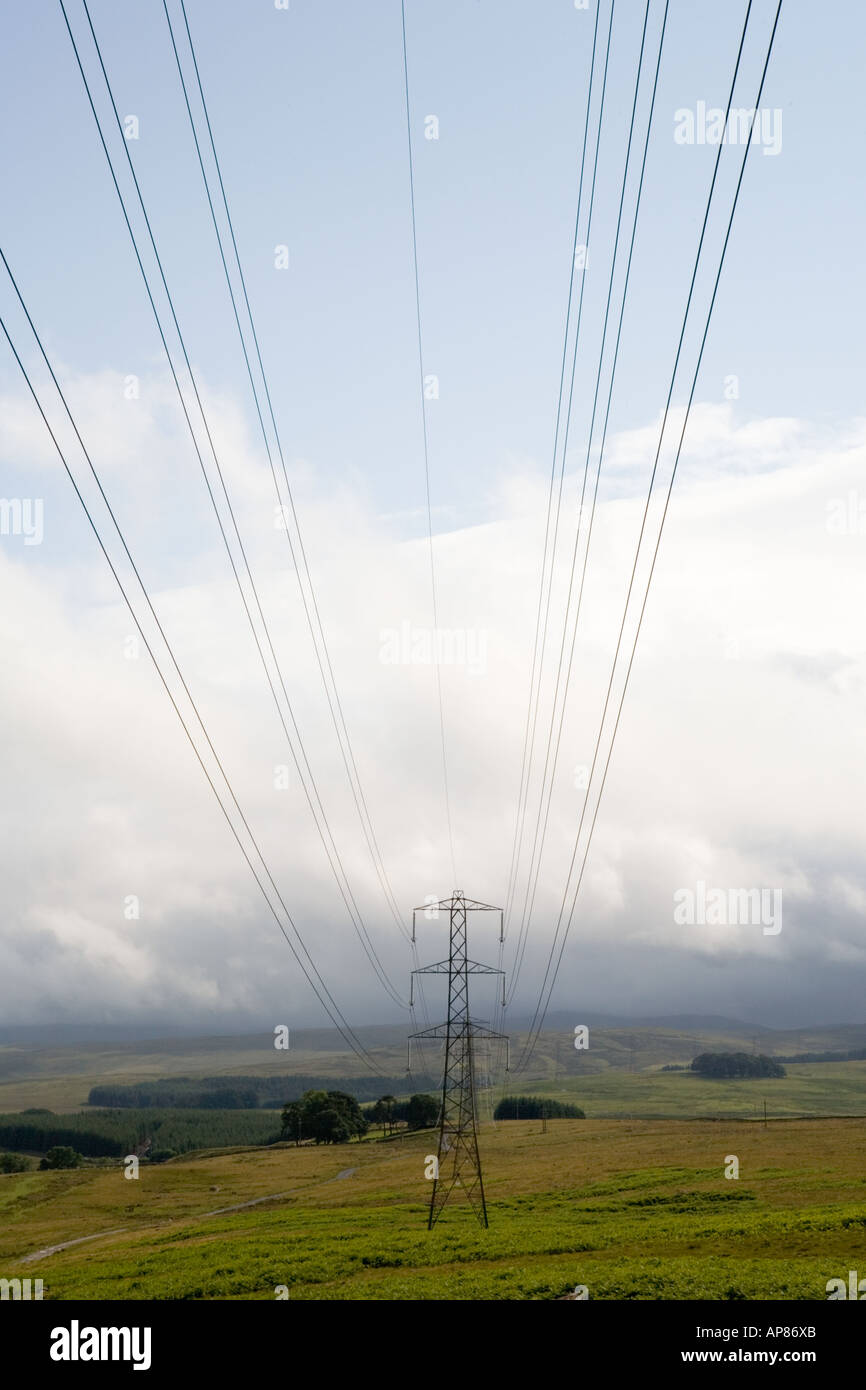 Electricity pylon and cables, Lakeland fells, Cumbria, England Stock Photo