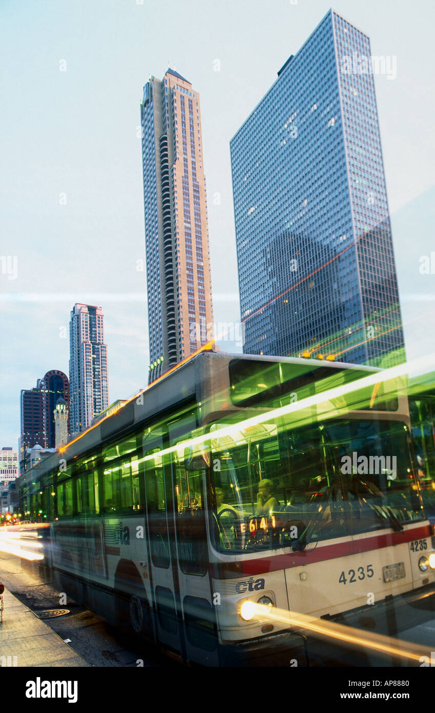 Moving bus in city, Water Tower Place, Chicago, Illinois, USA Stock Photo