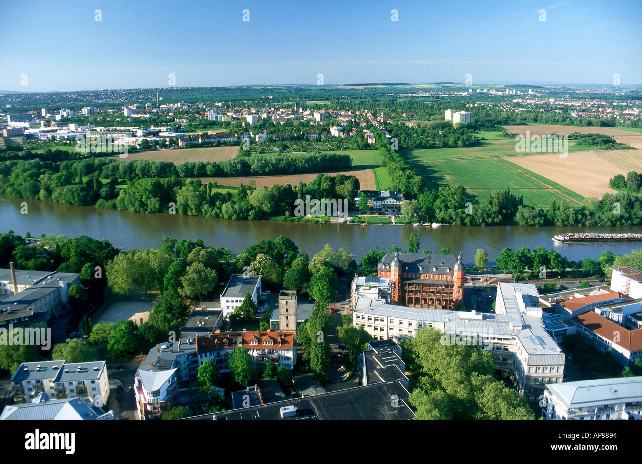 Aerial view of river flowing through town, Main River, Isenburg Castle, Offenbach Germany Stock Photo