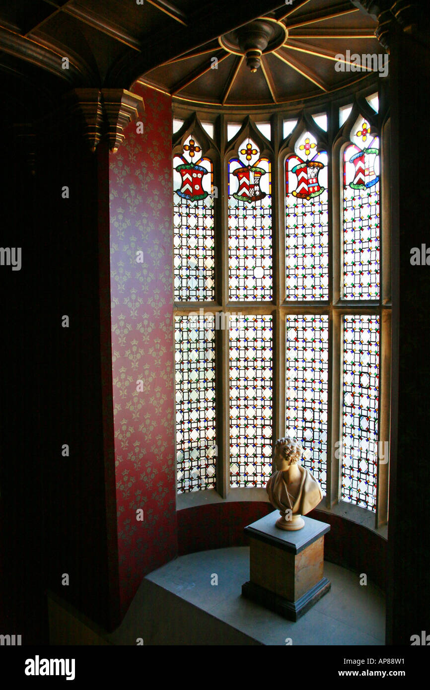 Staircase bay window and bust of George Gordon Lord Byron at Newstead Abbey Nottinghamshire Stock Photo