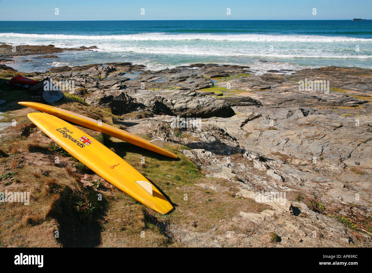 Coastguard surf boards at Booby's Bay near Trevose Head in Cornwall Stock Photo