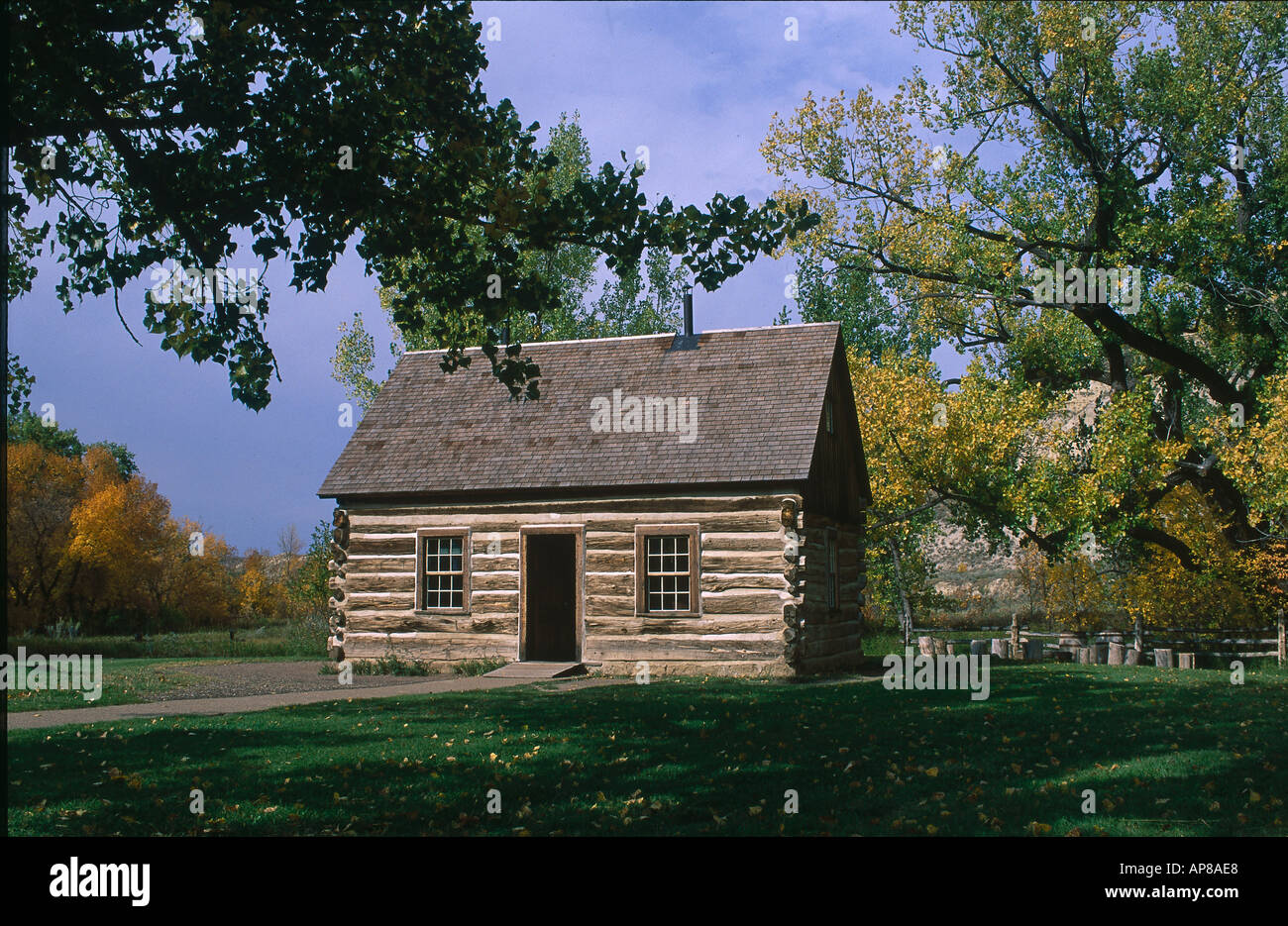 Log cabin in field, Roosevelt Cabin, Theodore Roosevelt Memorial National Park, North Dakota