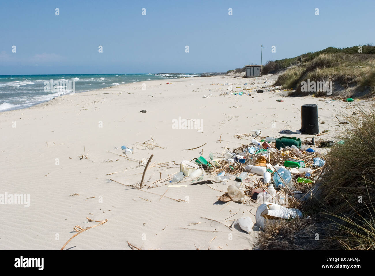 Litter on a beach on the Adriatic coast of Italy Stock Photo