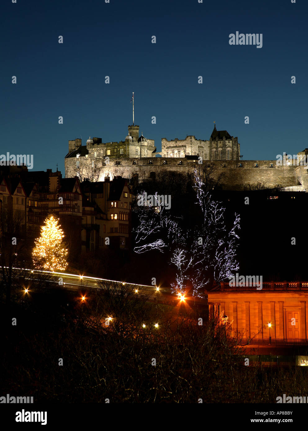 Christmas scene with illuminated Edinburgh Castle in the background
