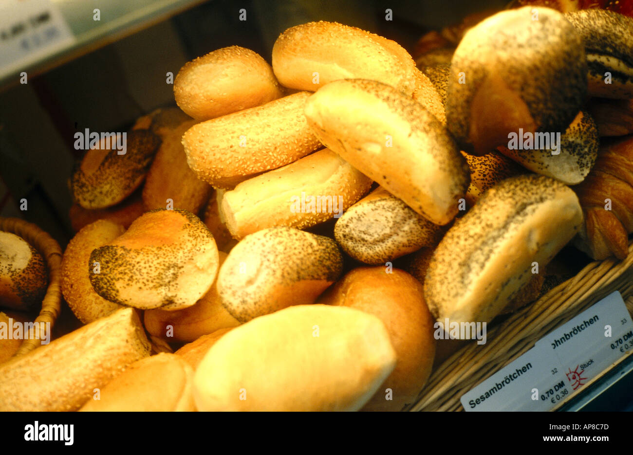 High angle view of assorted breads in a basket Stock Photo