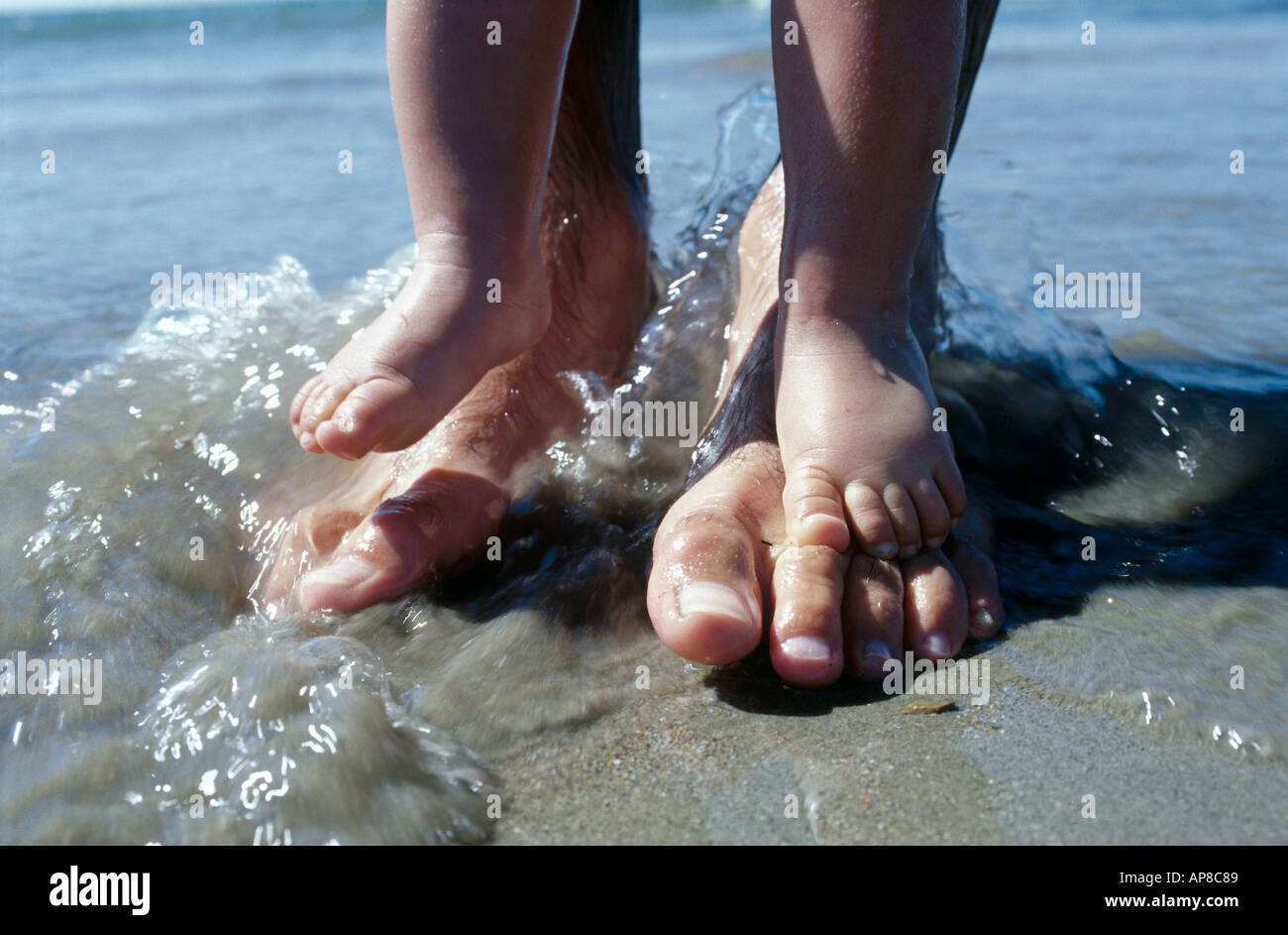 Feet of father and child at beach close-up Stock Photo