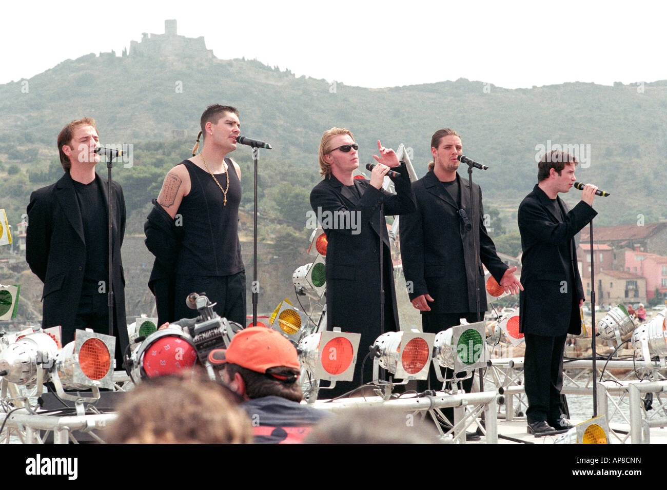 Boy band Boyzone performing for French Television in the resort of Collioure in 1998 Stock Photo