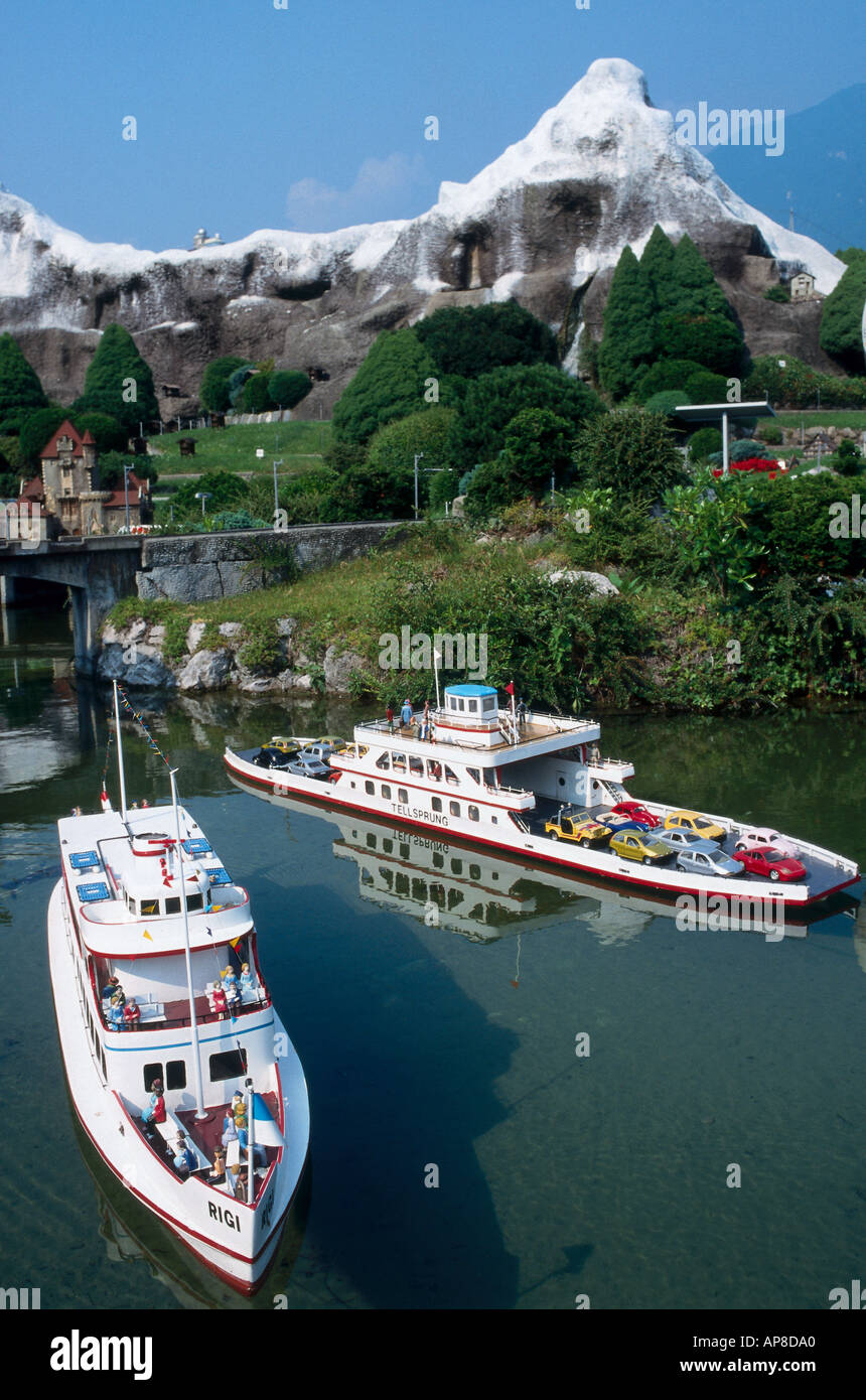 Model ships in river at pleasure park, Swissminiatur, Melide, Tessin, Switzerland Stock Photo
