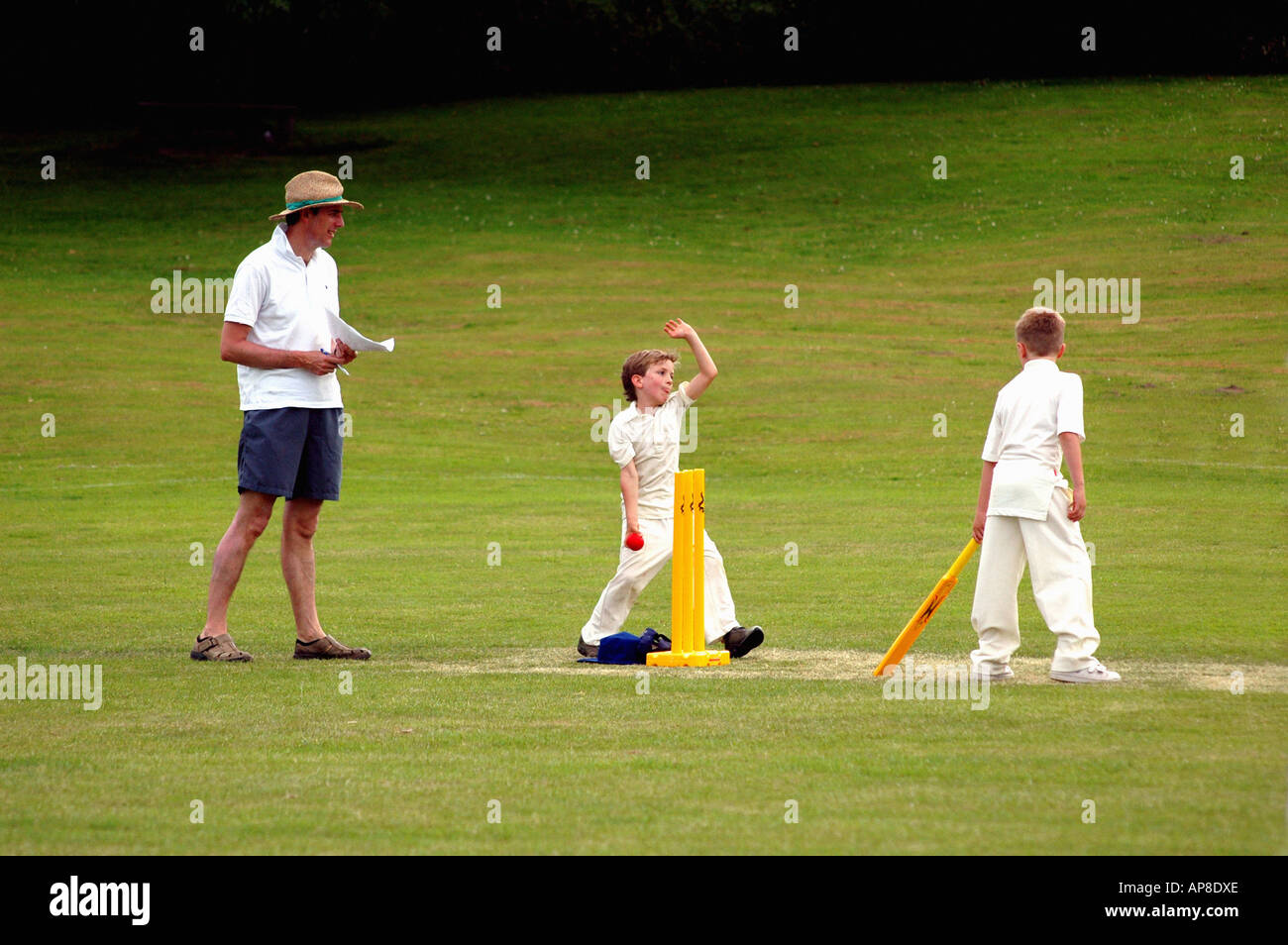 Boys playing a game of quick cricket Stock Photo
