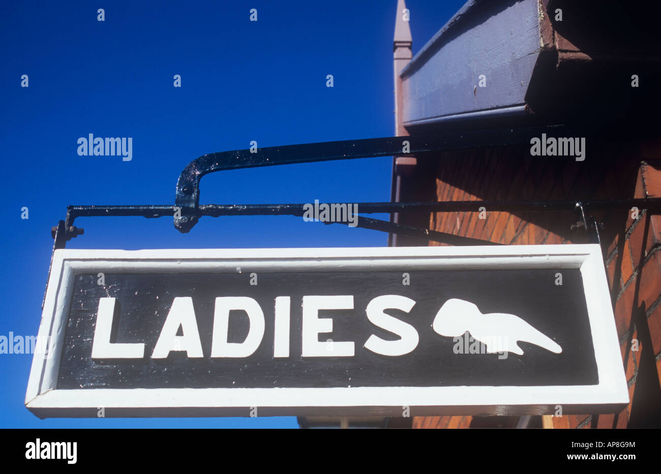 Old-fashioned carved wooden sign hanging from orange brick wall with pointing hand stating Ladies under deep blue sky Stock Photo