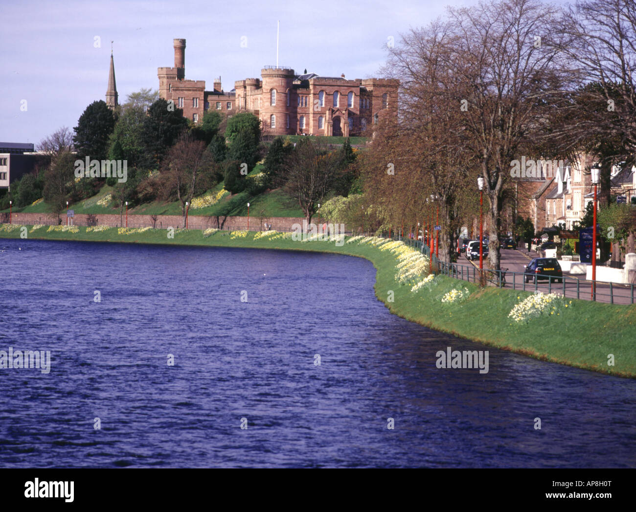 dh River Ness INVERNESS INVERNESSSHIRE Daffodils Inverness Castle scotland castles Stock Photo