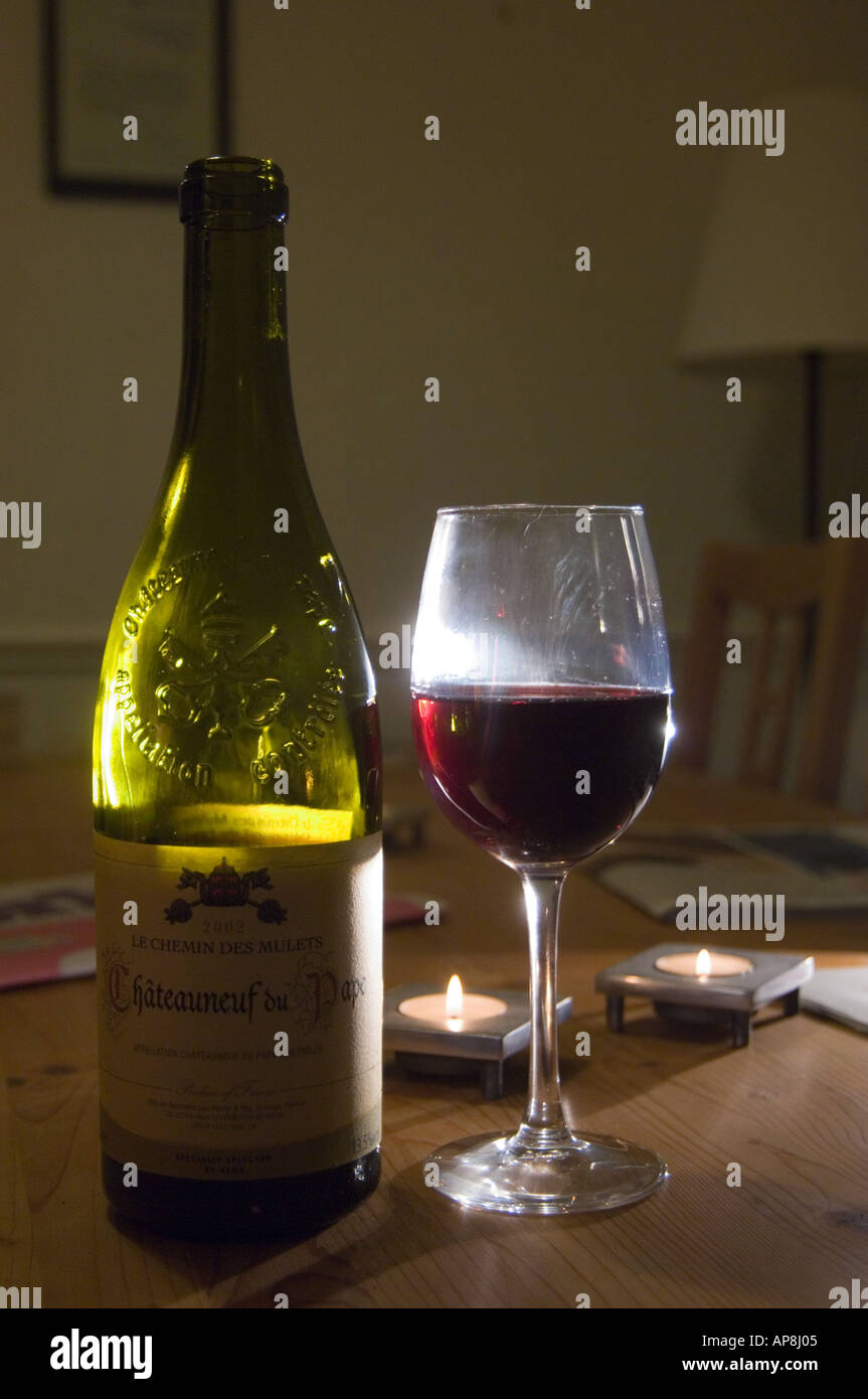 Chateauneuf Du Pape Wine Bottle And Glass Stock Photo Alamy