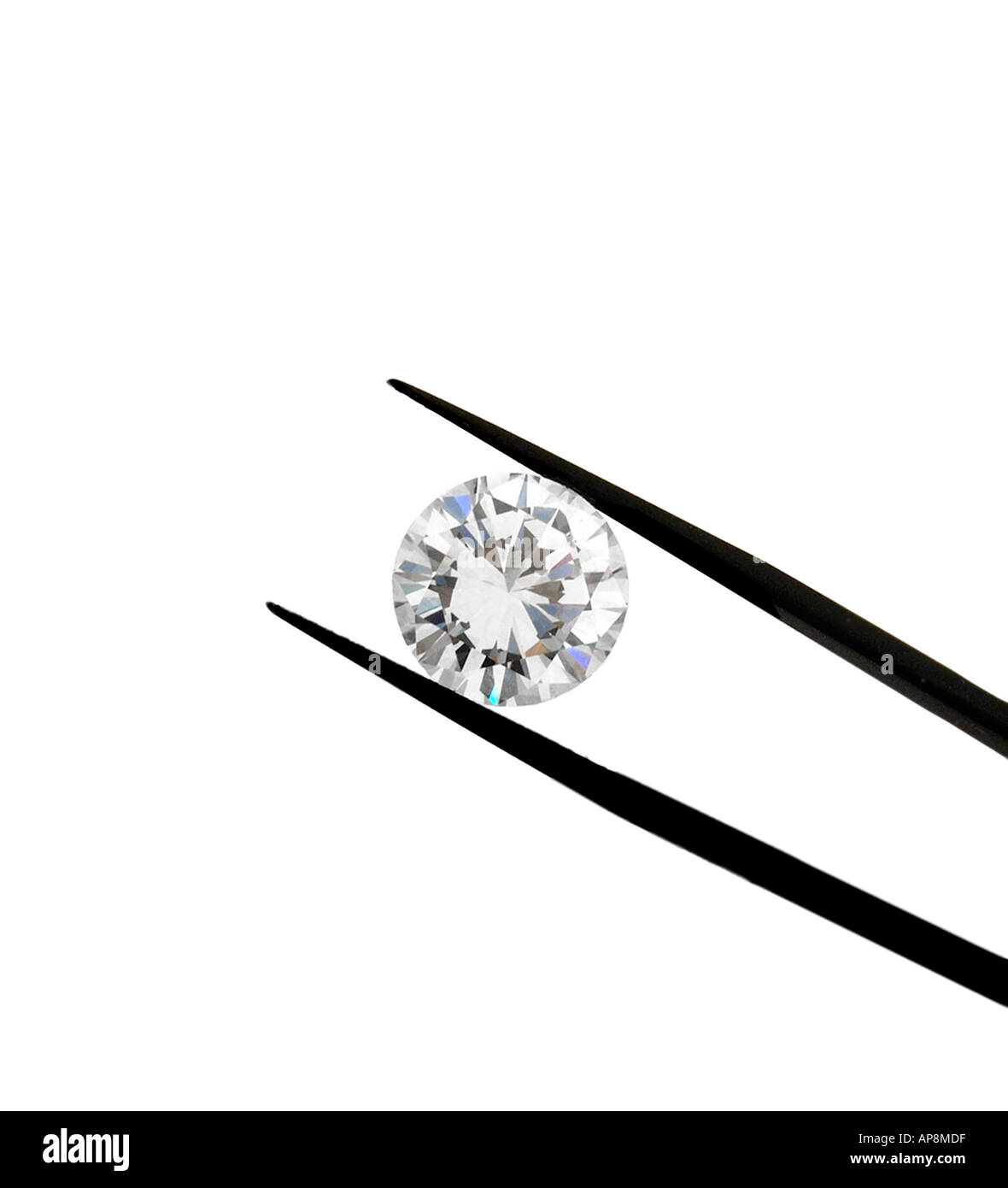 Diamond Precious round brilliant gemstone held by a pair of jewelers tweezers Stock Photo