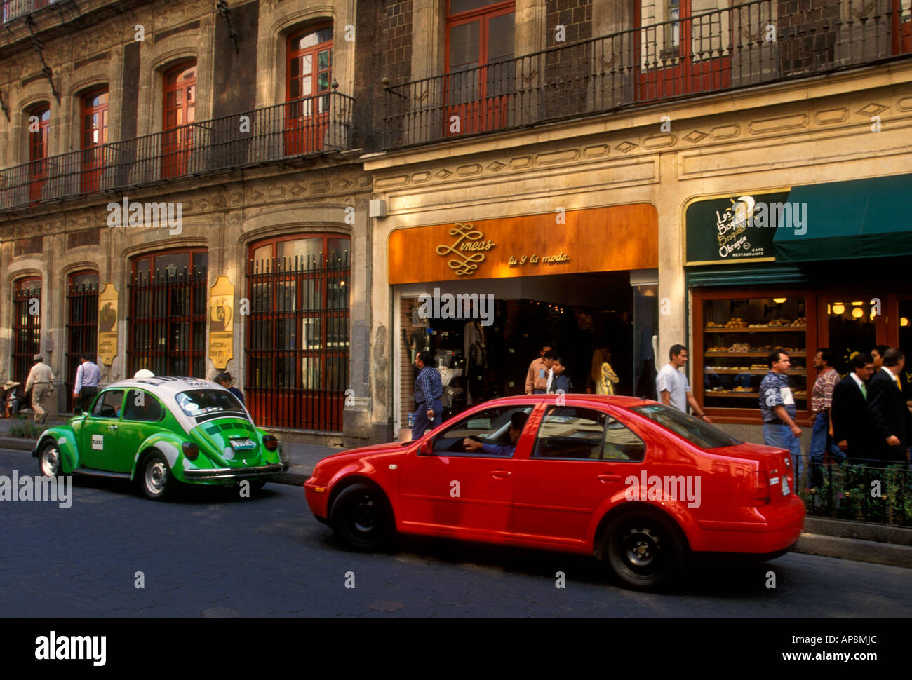 red car, shops, stores, shopping, Calle Francisco I Madero, Mexico City, Federal District, Mexico Stock Photo