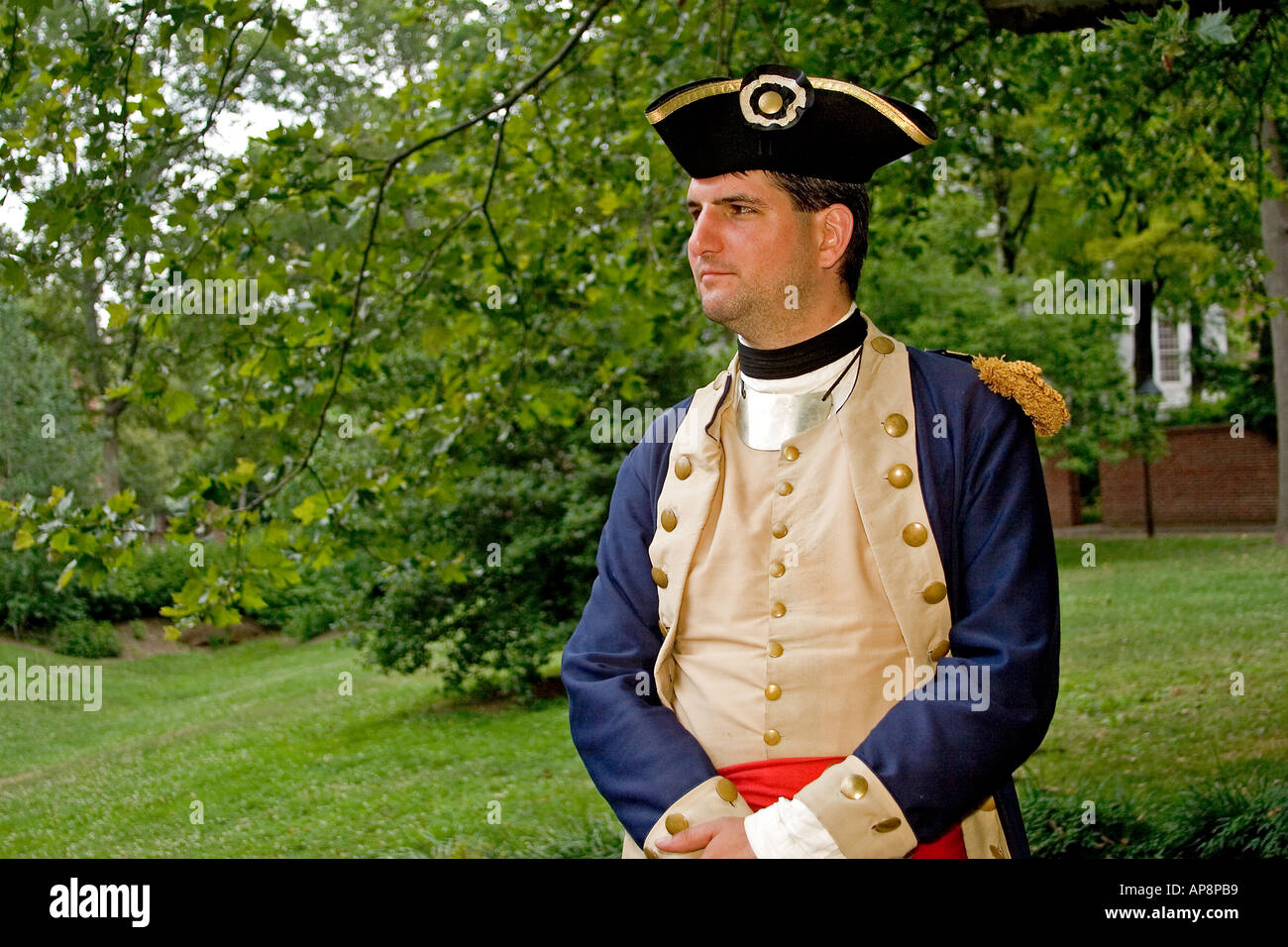 re enactor dressed as a Revolutionary War soldier Independence National Historical Park Philadelphia Pennsylvania Stock Photo