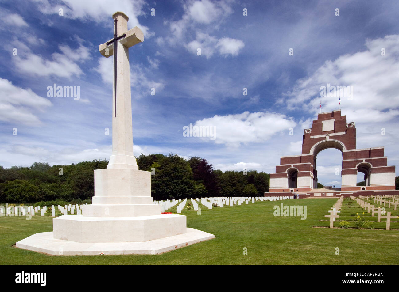 Cross of sacrifice in the cemetery at the rear of the Thiepval Monument to the missing of WW1 on the Somme, France Stock Photo