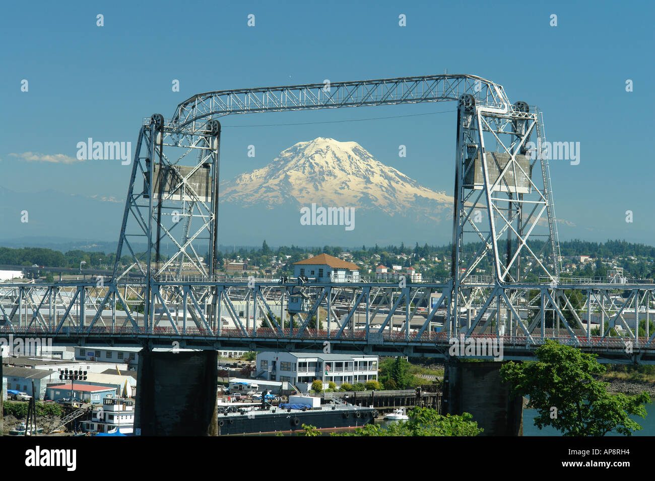 AJD52413, Tacoma, WA, Washington, Puget Sound, Commencement Bay, Tacoma Harbor, Murray Morgan Bridge, Mount Rainier Stock Photo