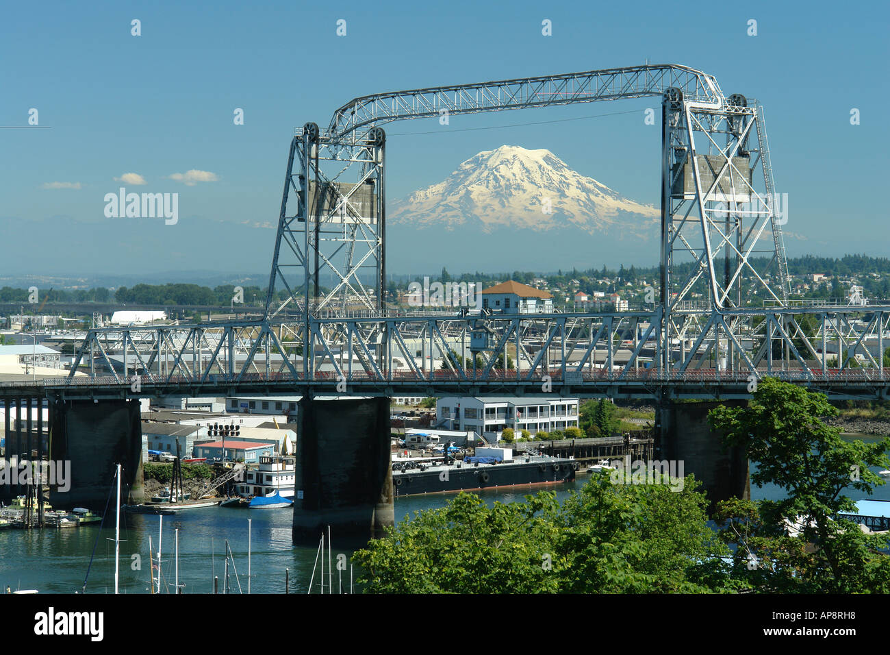 AJD52416, Tacoma, WA, Washington, Puget Sound, Commencement Bay, Tacoma Harbor, Murray Morgan Bridge, Mount Rainier Stock Photo
