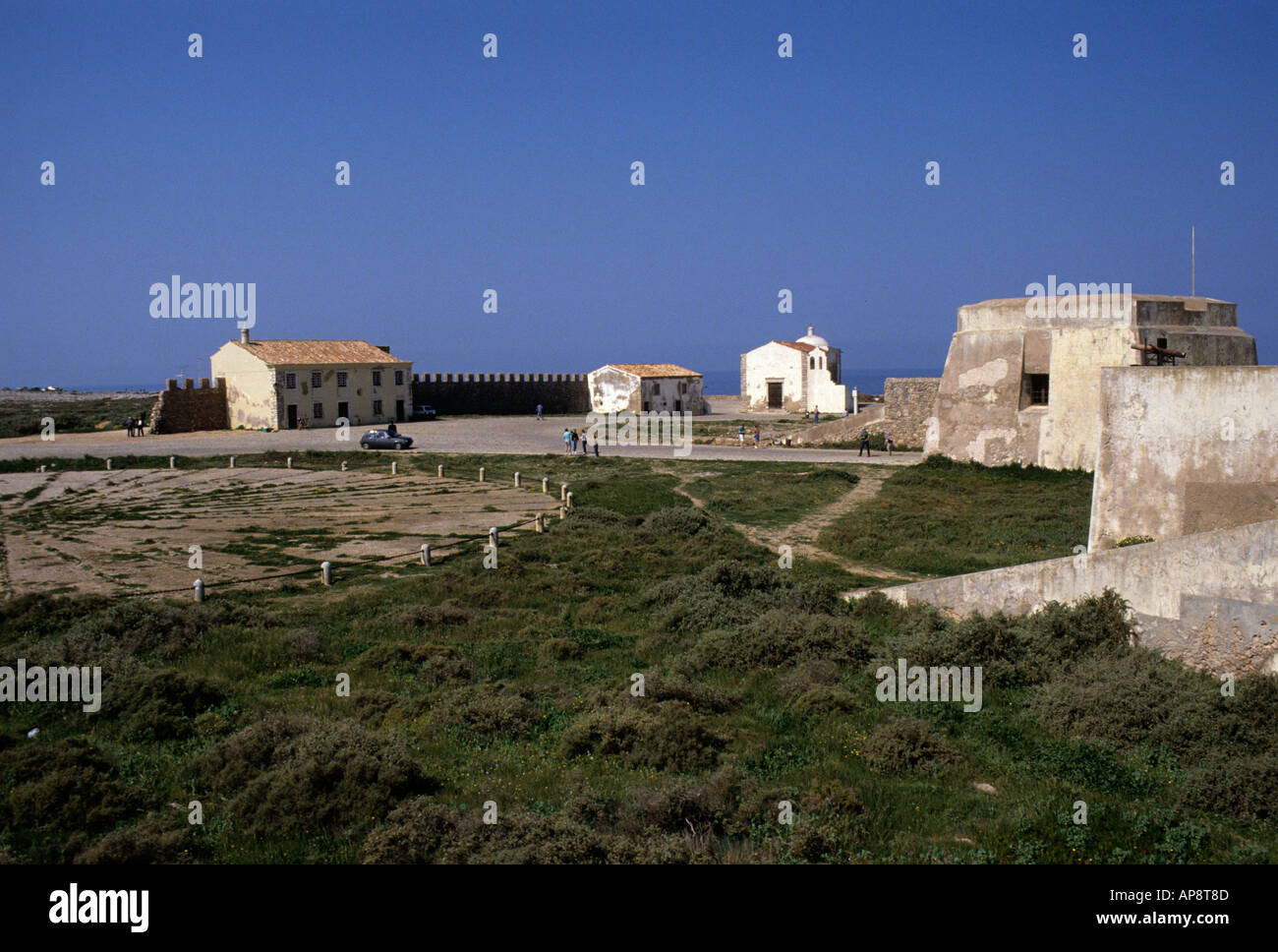 The fortress of Fortaleza de Sagres with part of the Rosa dos Ventos wind or rose compass Algarve Portugal Europe Stock Photo