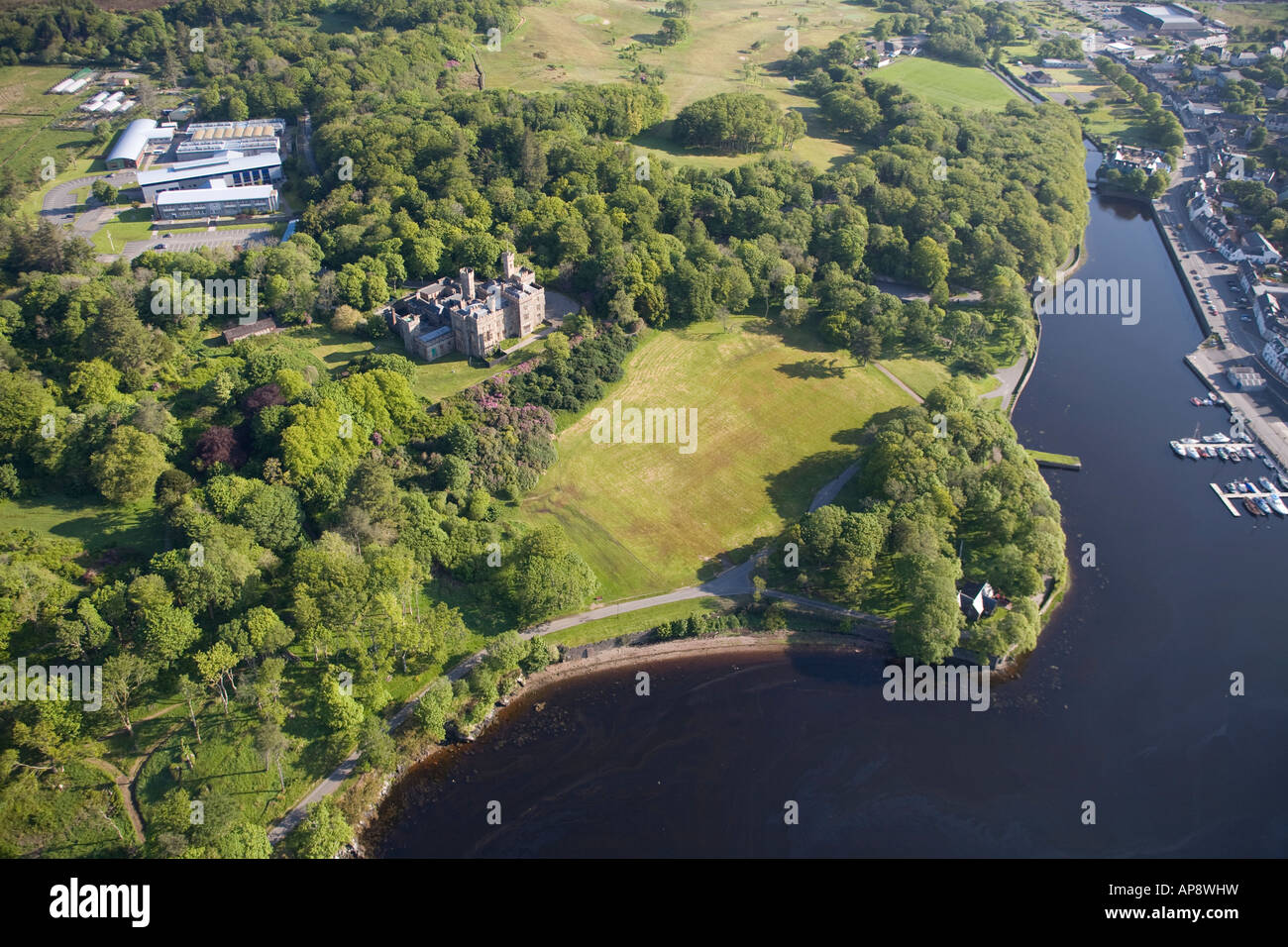 An aerial picture of Lews Castle College and it's grounds in Stornoway, Isle of Lewis. Stock Photo